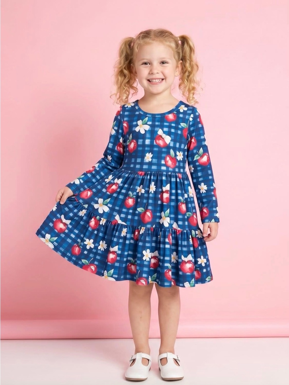 Pete + Lucy Apple Harvest Blue Gingham Apple Daisy Tiered Dress Girls 10/12 NWT